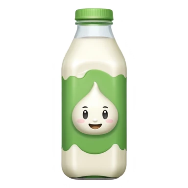 A 3D cartoon bottle of plant-based milk identical to dairy milk, small green tint or leaf mark, Memoji-style. sticker