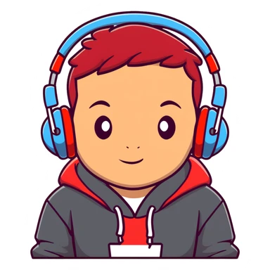 young boy with red hair, wearing headphones and a hoodie with 'woojuo' printed on the chest, cartoon cute style sticker