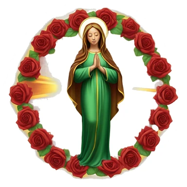 Virgin Mary: kind face looking down at the left, long brown hair, Wearing an emerald green  robe with gold stars and a burgundy red dress,  Hands in prayer or blessing. Halo around her head. standing in front of a big sun. colorful roses on the sides  sticker