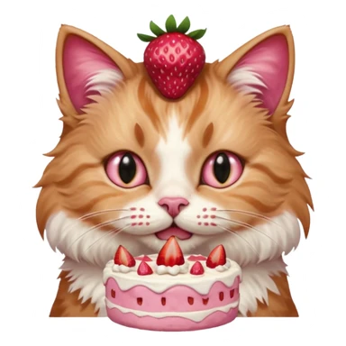Close-up portrait of a fluffy cat eating a strawberry cake, pink cream on its nose and whiskers, detailed fur texture, soft natural light, shallow depth of field, high resolution, cute and candid moment
 sticker
