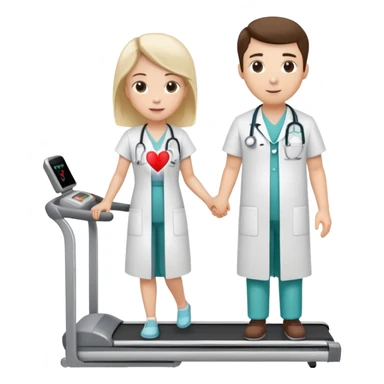 treadmill, patient in hospital gown, heart monitor, and doctor sticker