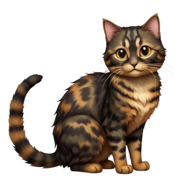 cinematic-[tortoiseshell tabby cat]-realistic-full-body-sitting-emoji,-tail-curled-playfully-around-its-paws,-head-tilted-dramatically,-scruffy-[dark black tortoiseshell coloured]-fur,-simplified-yet-realistic-focused-features,-highly-detailed,-glowing-with-an-almost-sarcastic-glow sticker