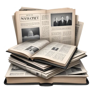 Icon for Non-Fiction & Narrative Reading: an open book with black-and-white photos on the pages, surrounded by a pile of newspaper clippings, and an open folder with top-secret documents. The icon should reflect the blend of real stories and facts in non-fiction literature. Transparent background. sticker