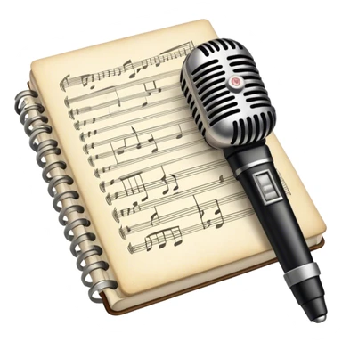 Create an emoji representing songwriting. The design should feature an open notebook or sheet music with visible lyrics between the musical notes, symbolizing the process of writing song lyrics. The text between the notes should be clearly visible. A pen or pencil should be placed near the notebook, indicating active writing. Optionally, include a single vintage microphone lying beside the notebook (not on the music notes) to add a creative touch. Use a harmonious color palette with warm and neutral tones. Do not include any emojis or smiley faces. Make the background transparent. sticker