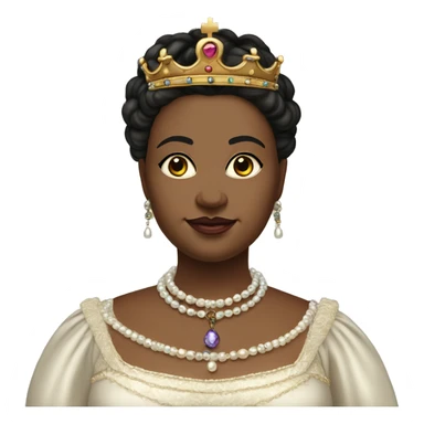 Chubby 35 year old female queen with large breasts. Dark and tied back hair, eyes light-coloured and a bit wide-set. Elizabethan queen's dress and a lot of jewellery such as pearl necklaces, earrings and a crown. She wears an embroidered sash. sticker