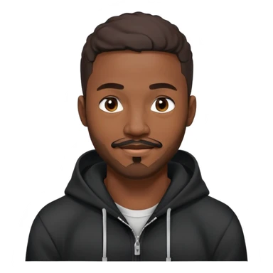 African yound man in his late 20s with a winkand  full short boxed beard and moutache , and a low cut hair, black hoody sticker