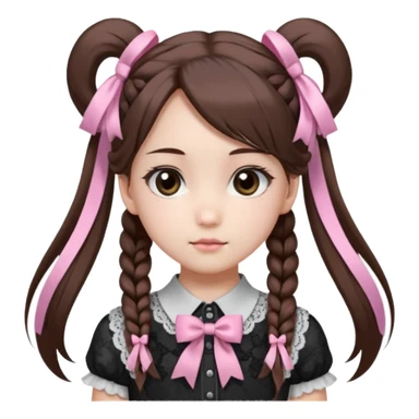 jirai kei, девушка с длинными прямыми темно каштановыми волосами и несколько розовых прядей по всей голове в разных местах, прическа два высоких хвоста заплетённые пушистыми белыми резинками. милое лицо. серо-розовая рубашка и чёрный бант, много кружев чёрного цвета sticker