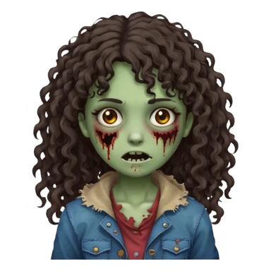 Emoji garota zombie com cabelo castanho escuro cacheado longo com franja cacheada sticker