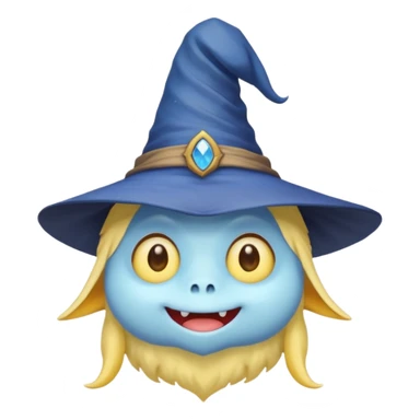 cute monster with white body, yellow tail, wearing blue sky witch hat. the face facing the front towards the 4th wall sticker