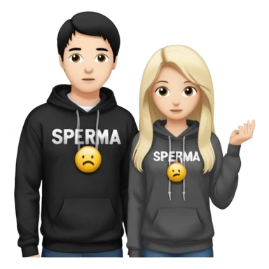 I want it to be this emote 🙍‍♂️
of a white guy with black hair and a black sweatshirt with the word "sperma" written in white in the middle. Behind him, there's a pretty blonde with long hair, pulling the string on the first person's hoodie. The girl is wearing a gray sweatshirt. sticker