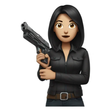 dark haired woman with gun sticker