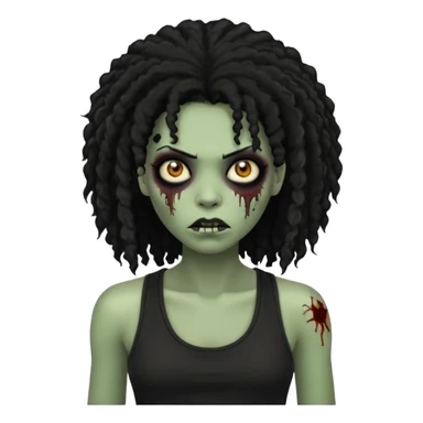 a female zombie with sage green skin, black long afro afro hair with edges, and a black tank top  sticker