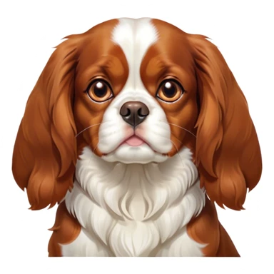Cinematic Grumpy Blenheim Cavalier King Charles Spaniel Portrait Emoji, Head tilted slightly with a deeply unimpressed expression, thick Blenheim coat with pronounced chestnut and white markings, large, droopy brown eyes narrowed into an unamused glare, ears slightly drooping in exasperation, Simplified yet comically expressive features, highly detailed, glowing with a dry, sarcastic glow, high shine, effortlessly judgmental yet dignified, stylized with a touch of cynicism, bright but brooding, soft glowing outline, capturing the essence of an eternally unimpressed yet endearing companion, so lifelike it feels like it could sigh heavily at you in disdain at any moment! sticker