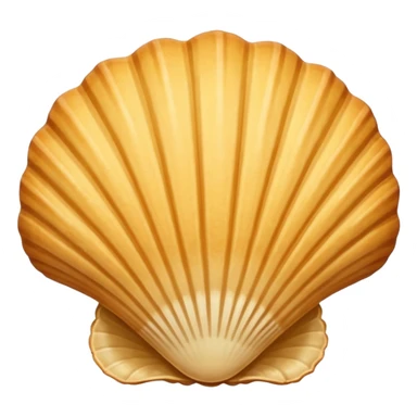 A madeleine pastry. Scalloped seashell shape with four to five vertical lines going in the same direction. Light golden brown. Scalloped edge. Cookie. Flat. Long. sticker