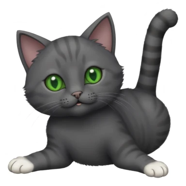 solid dark grey cat with green eyes, completely solid grey face, white toes/paws playing rolling upside down sticker