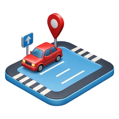 
A 3D minimal icon showing a street route to a destination with a single vehicle, a blue road, and small red accents for alerts. The style is clean, minimal 3D, with a transparent background. sticker