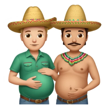 two men standing besides each other. 1 man is white, and the other man is mexican wearing a sombrero and pregnant, holding his belly.  sticker