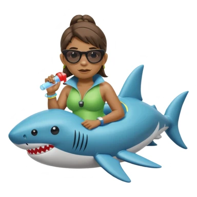 orc female sitting in an inflatable floatie shaped like a shark, wearing oversized sunglasses and a whistle on a neck cord, 2d sticker
