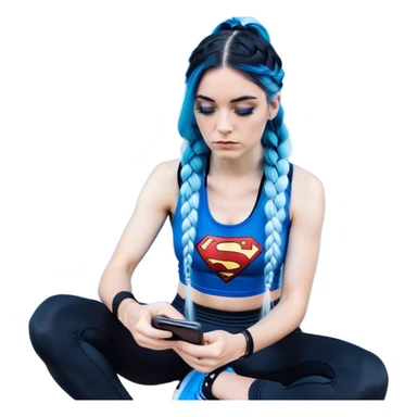Shameful and disappointed-Female-very very very larger chest-texting on a samsung cell phone-very long straight braided black to sky blue hair ombre-blue eyes-black eyeliner-long eyelashes-iridescent sky blue very low cut tank top with superman logo-black leggings-nike hightop sneakers sticker