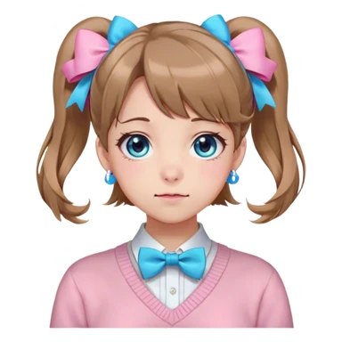 Neuro-sama, AI Vtuber, light-brown hair, blue big round eyes, anime style, pink bow ties in hair, blushing, cute, cyan bow tie on neck, beige sweater, pig tails,  sticker