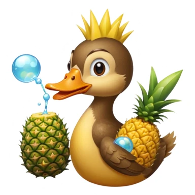 Duck eating pineapple. With little monkey holding magic wand and blowing bubbles sticker