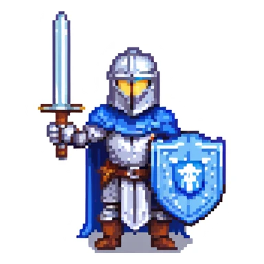 pixel art knight with blue cape, gray iron iron sword and blue iron shield sticker