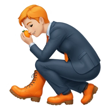 Office worker kneeling and kissing a large orange boot sticker