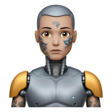 Tatooed robot, big many tatooes on chest, neck and face sticker