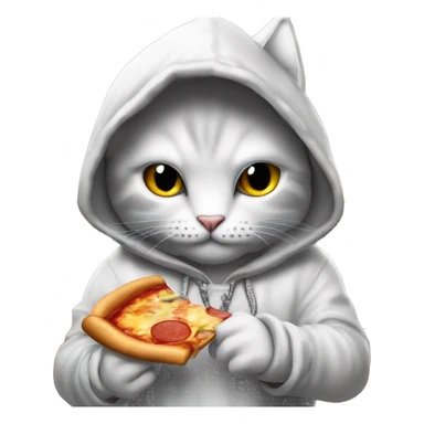 A hooded cat is holding btc in his hand , sweeter and Night-themes, Behind it is written pizza and JR crypto sticker