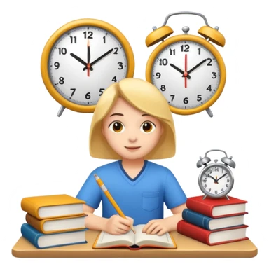 emoji student studying hard with books and clock, motivated, white background sticker