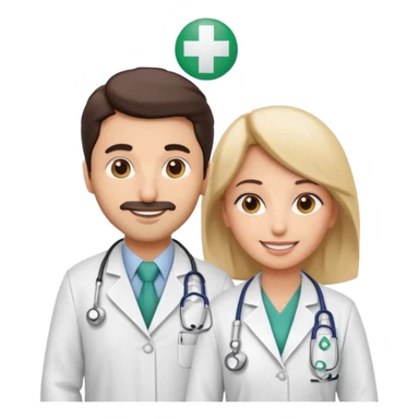 A cute cartoon-style emoji of a Saudi male and female doctors wearing white lab coats with the Alfarabi Medical Laboratories logo. Friendly smiles, soft colors, and simple features, suitable for medical branding and social media. sticker