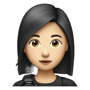 "A woman of Asian descent, with bangs and her hair tied back, dressed in black girl taking photo with canon camera sticker