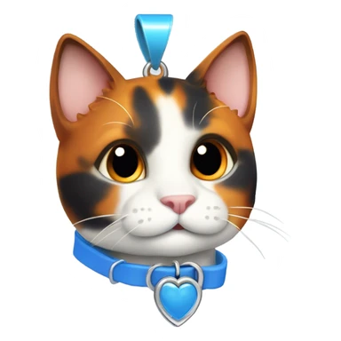 happy cute tortoiseshell white cat with blue cat collar with orange pendant, full body,  from half side perspective  sticker