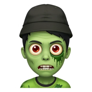 Green zombie, black hair, designer cap turned to the left, black shirt. Apple iOS style. sticker