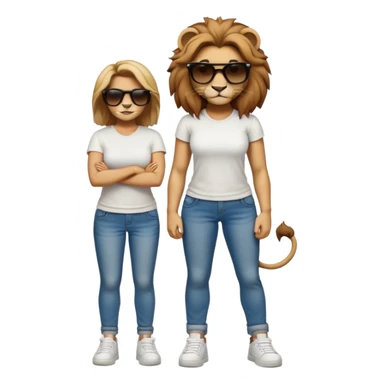 friendly anthropomorphised female lion, full body, standing confidently with legs shoulder width apart, arms folded, wearing jeans, white t-shirt, dark sunglasses, trainers, determined expression sticker