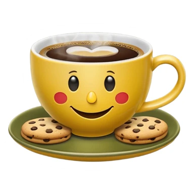 A cup of coffee, steaming, the smoke is heart-shaped, the cup is mustard yellow, the cup has a happy face printed on it, the cup sits on an olive green saucer, and there are cookies around the cup. sticker