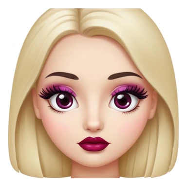 White girl with oval face, huge round black eyes, big eyelashes, berry colored lips, shiny full lips, face closeup, long straight middle-parted hair sticker