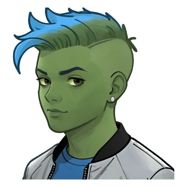 Young adult male wearing a blue flashy pants blue t shirt silver bomber jacket blue undercut haircut sticker