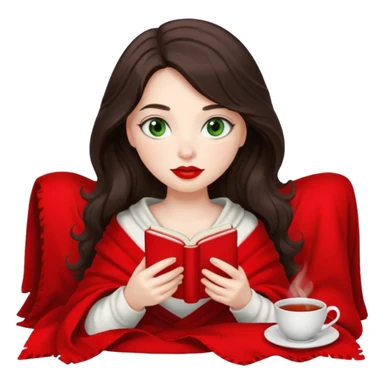 Long wavy dark brown haired, white skinned, dark green eyed girl with red lipstick wrapped in a red and white blanket, sipping tea and reading a book sticker