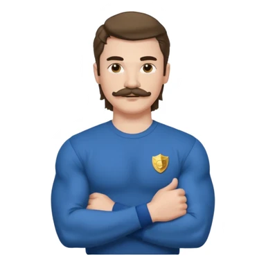 generate an ios genmoji of a 20 year old boy with shoulder length hair and a mullet. cop mustache. BIG biceps and wearing a full sleeve tshirt that fits his biceps sticker