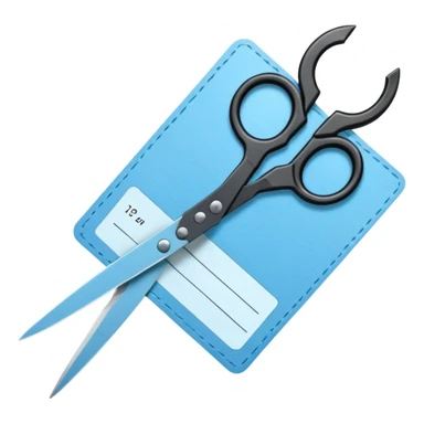 Floating black Scissors cutting a light blue military ID card in 2 parts .hyper realistic sticker