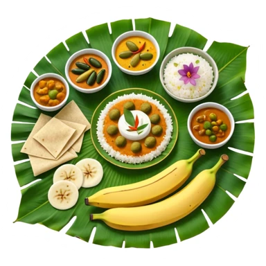 Kerala Sadhya traditional South Indian feast served on a banana leaf with rice, curries, pickles, papadam, and payasam, vibrant and festive, top-down view sticker