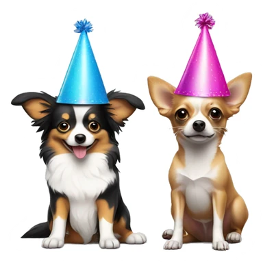 Mini Aussie with a party hat next to a chihuahua with a party hat sticker