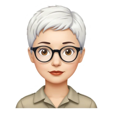 anthropologist woman, short cropped pixie white hair, brown brows, glasses sticker