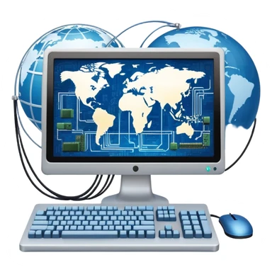 An icon featuring a computer monitor displaying code, a globe with network nodes, and a circuit board, symbolizing IT. The design includes data streams, cloud storage, and a keyboard, representing digital innovation, connectivity, and problem-solving. Transparent background sticker