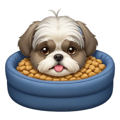 old grey shih tzu in dog bed with bowl of food tongue hanging out sticker