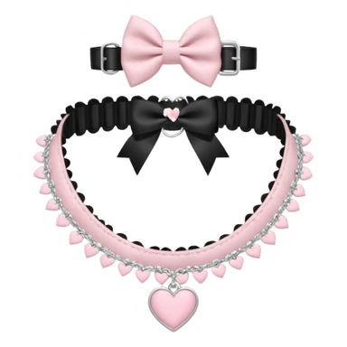 Pastel-baby-rose-pink Lolita-styled aesthetic cute kawaii choker-collar-necklace adorned with with white frills, roses, hearts, bow tie, silver chains,  sticker