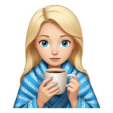 Blonde with blue eyes wrapped up in a cozy blanket with a hot coffee sticker