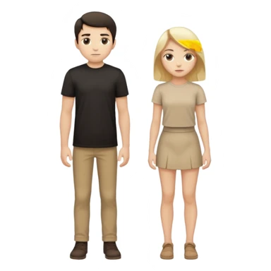 full-body portrait of a young man with short dark hair in a black shirt and a young woman with long blonde hair in a beige shirt, standing together sticker