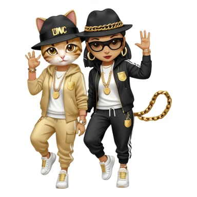 female cat wearing Run DMC hip-hop outfit with tracksuit, fedora, Adidas sneakers, many gold chains, rings, bracelets, flashy earrings, dancing with a friend, no sunglasses sticker